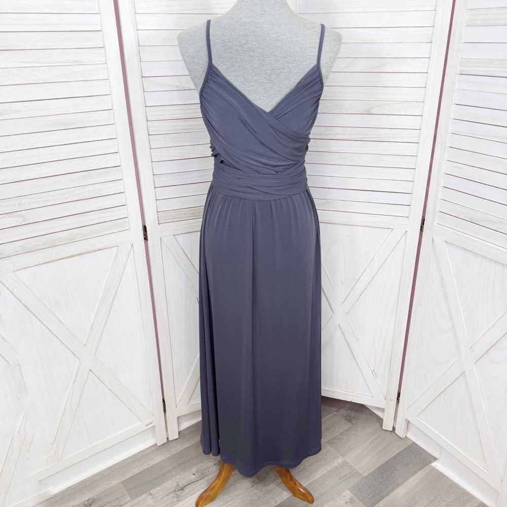 Jennifer Lopez Faux Wrap Draped Front Tie Waist Knit Maxi Dress Blue Grey Medium